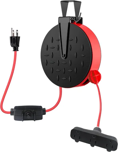 Vista 8 de Carrete de cable de extensión retráctil de 30 pies con 3 tomas de corriente eléctrica - Cable de alimentación SJTW 16/3, disyuntor de 10 amperios