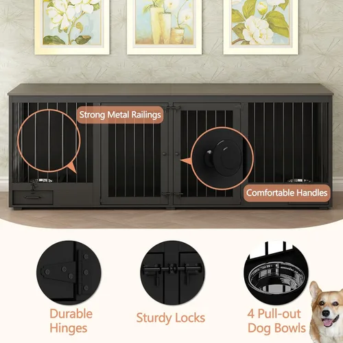 Vista 4 de Mueble estilo jaula para perros grande para 2 perros, perrera de madera resistente de 86.6" con cajones y divisor para comedero de perros, perrera