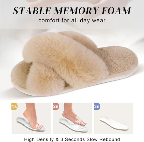 Vista 3 de Parlovable Pantuflas peludas para mujer, cómodas con banda cruzada, zapatos de casa de espuma viscoelástica con punta abierta, regalos
