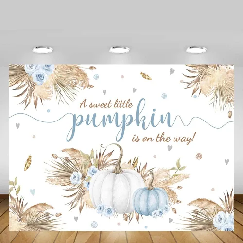 Vista 5 de MEHOFOND Telón de fondo bohemio de calabaza pequeña de 7 x 5 pies para niño, baby shower, hojas de otoño, hierba de pampas, hierba de Acción