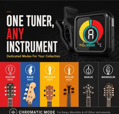 Vista 7 de KLIQ UberTuner, afinador profesional de clip para guitarra, bajo, ukelele, violín, mandolina, banjo y todos los instrumentos, afinación cromática
