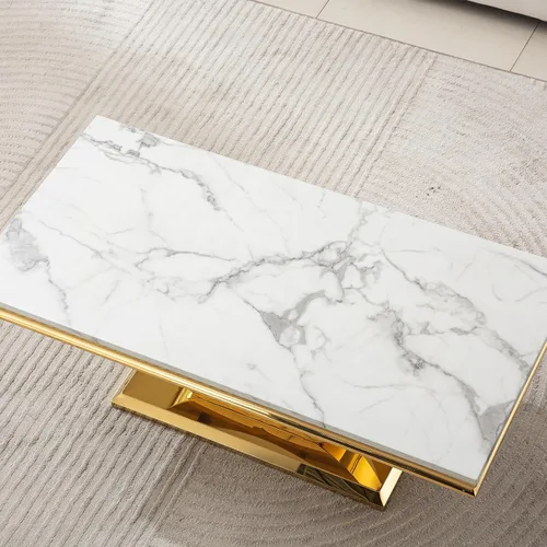 Vista 9 de SSLine Mesa de Centro Rectangular de Mármol Sintético para Sala de Estar, Mesa Central Moderna de Mármol Blanco de Lujo con Base Doble en Forma de U