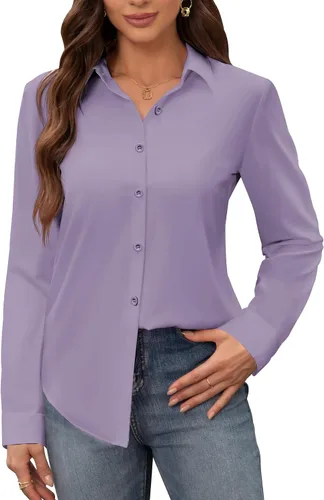 Vista 10 de Siliteelon - Camisas de vestir para mujer, a prueba de manchas, sin arrugas, de manga larga, sólidas, para trabajo y negocios, con botones