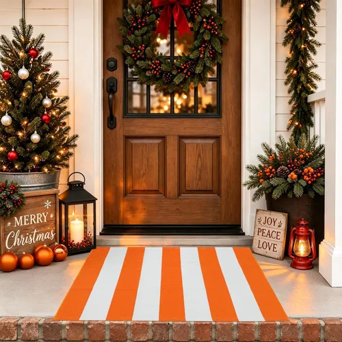 Vista 4 de USTIDE Orange White Stripe Woven Door Mat 2'x3' Washable Woven Striped Rug Orange&white Bold