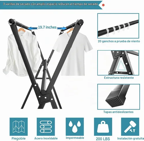 Vista 3 de Estante de secado de ropa de 95 pulgadas, estante de secado plegable para interiores y exteriores, de acero inoxidable resistente, perchero portátil