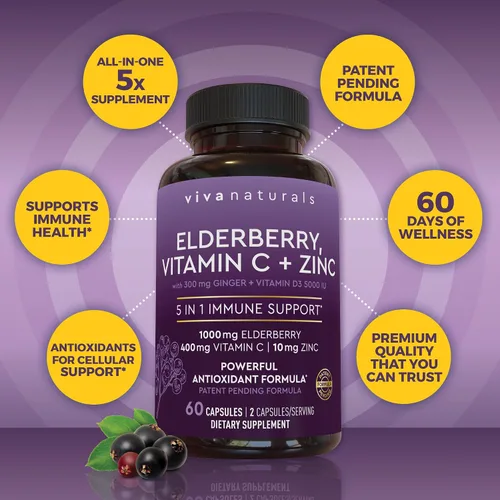 Vista 10 de Viva Naturals Baya de saúco negro de 1000 mg con vitamina C, D3 5000 UI y zinc, suplemento de apoyo inmunológico 5 en 1 para adultos, cápsulas
