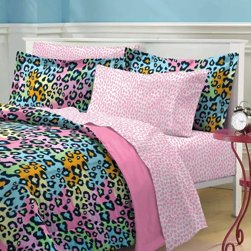 Vista 2 de Juego de sábanas y acolchado de microfibra súper suave con estampado de leopardo, para niñas
