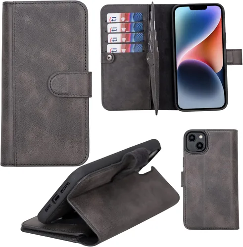 Vista 21 de HARDISTON Funda de piel auténtica de alta calidad hecha a mano para iPhone 7/8 / SE doble folio tarjetero - Funda magnética desmontable - Soporte