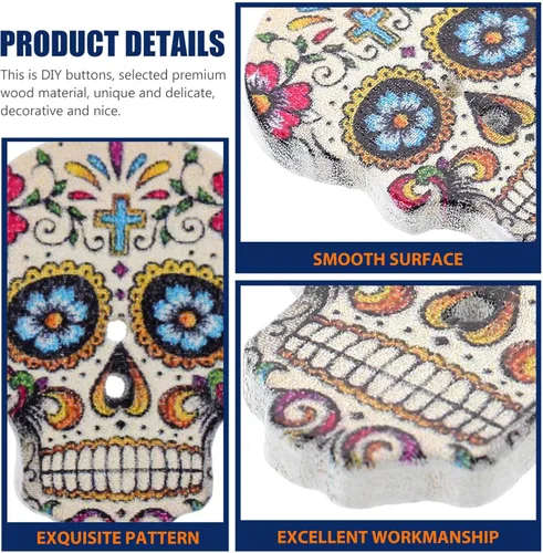 Vista 6 de GLEAVI Botones de calavera de madera para coser, 50 piezas, accesorios de ropa decorativos, pequeños botones de madera de dos agujeros