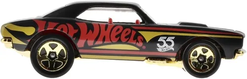 Vista 3 de Hot Wheels - Vehículo coleccionable fundido a presión, edición 55 aniversario, negro y dorado, inspirado en el auto deportivo Chevy Camaro del 67 ~
