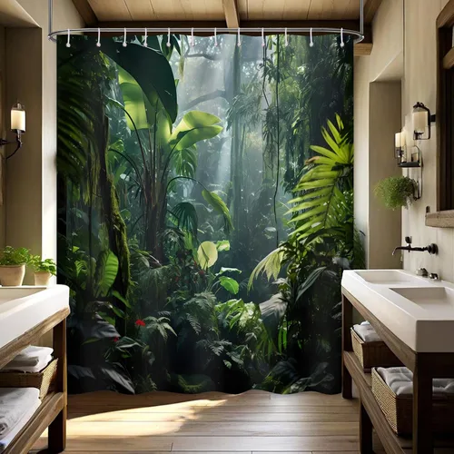 Vista 12 de Cortina de ducha verde de selva naturaleza bosque selva tropical paisaje planta tropical decoración de baño, tela impermeable con ganchos, 36x72