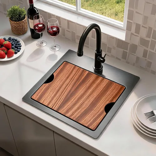 Vista 3 de Fregadero de Barra Negro Empotrable de 15x15 Pulgadas - Fregadero de Cocina Cuadrado Pequeño de Acero Inoxidable de Montaje Superior para Estación