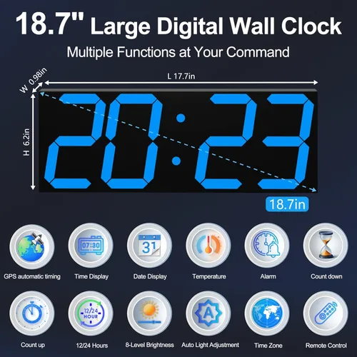 Vista 2 de CHKOSDA 18.7 Inch Large Digital Wall Clock with GPS Auto-Sync Time - Blue 164ft Visibility, No Wi-Fi, 8-Level Dimming, Timer, Remote