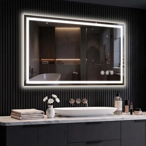Vista 22 de Espejo de baño LED de 16 x 24 pulgadas con luces, antiniebla, retroiluminado + luz frontal, espejo de tocador de baño iluminado para pared, función