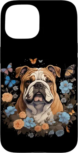 Vista 6 de Funda para iPhone 16 Bulldog Inglés con Flores y Mariposas