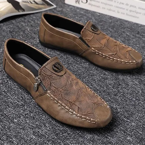 Vista 7 de Mocasines de cuero vintage con cremallera para hombre, cómodos, suela suave, zapatos náuticos, elegantes y casuales para conducir y caminar