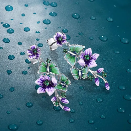 Vista 3 de Santuzza - Aretes colgantes de plata de ley 925 con flores esmaltadas para mujer