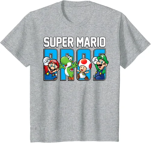 Vista 50 de Super Mario Bros Characters Letter Fill Graphic T-Shirt Camiseta, Negro