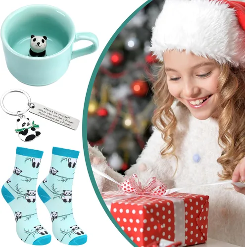 Vista 6 de Kit de regalo con temática de panda de 3 piezas para mujeres, taza de panda, calcetín y llavero, linda taza para fiesta de Navidad, regalo