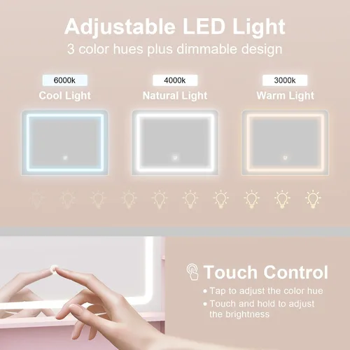 Vista 3 de Mesa de tocador con espejo LED y toma de corriente, 5 estantes abiertos, 4 cajones, incluye taburete acolchado, tocador de maquillaje ideal
