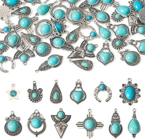 Vista 11 de 16 dijes de piedra turquesa de 8 estilos, estilo tibetano, vintage, bohemios, curativos, piedras preciosas colgantes grandes, joyería occidental