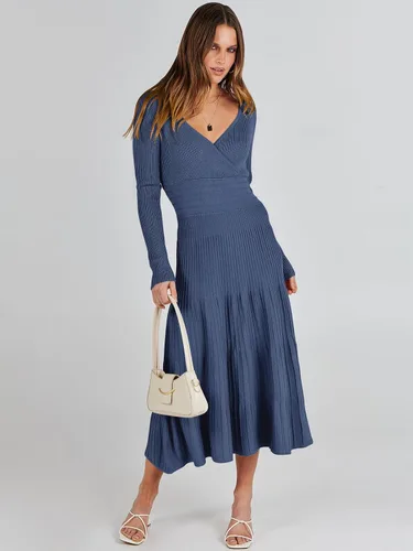 Vista 3 de ANRABESS Vestido midi cruzado tipo suéter para mujer, manga larga, cuello en V, cintura alta, acanalado, plisado, vestido acampanado