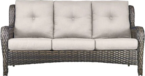 Vista 37 de Sofá Pop Patio de 2 plazas para exteriores con cojines gruesos de botones, respaldo alto, muebles de ratán de mimbre marrón resistentes y cómodos