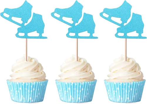 Vista 9 de Rsstarxi Paquete de 24 adornos para cupcakes de patinaje sobre hielo con purpurina para deportes sobre hielo, para temática de patinaje, baby