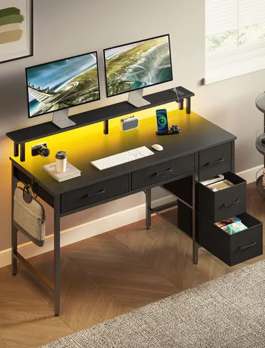 Vista 6 de Seventable Escritorio de Computadora con Tomas de Corriente y Luz LED, Escritorio de Oficina en Casa de 39 Pulgadas con 5 Cajones, Escritorio
