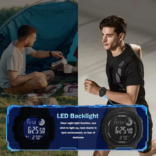 Vista 7 de Reloj táctico para hombre con brújula, podómetro digital impermeable 50M, altímetro para senderismo al aire libre y escalada (negro)