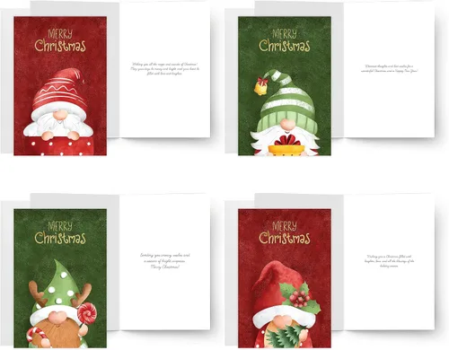 Vista 4 de easykart labels 20 tarjetas de gnomo navideño con sobres y pegatinas de sellado, 4 diseños navideños de Santa con efecto de hoja dorada, 6.75" x