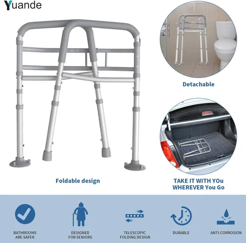 Vista 6 de Rieles de seguridad para inodoro, rieles plegables para inodoro con asas para cualquier inodoro, marco de seguridad de inodoro ajustable