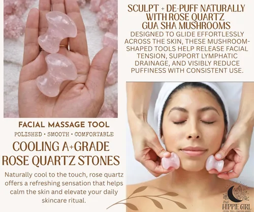 Vista 3 de Este juego de hongos Gua Sha para niña hippie, herramienta de masaje para tonificación facial de cuarzo rosa y esculpir yoga, herramientas