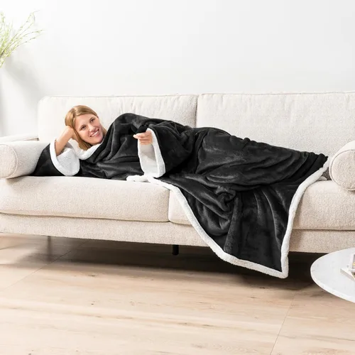 Vista 6 de PAVILIA Manta Sherpa Vestible con Mangas y Bolsillo, Manta Corporal Envolvente Gruesa de Felpa Acogedora para Adultos Mujeres Hombres, Regalo