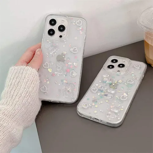 Vista 6 de Funda de teléfono para iPhone XR, bonito diseño transparente con purpurina de oso 3D para iPhone XR, para mujeres y niñas, a prueba de golpes