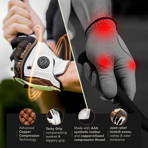 Vista 5 de Copper Tech Golf Gloves Men Right Handed Golfer Or Left Handed Golfer (2 Pack) Copper Compression Joint Support Flexible & Comfortable Fit with