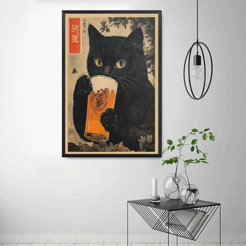 Vista 4 de SENLYCH Póster de pintura en lienzo e impresión vintage de gato negro con cerveza, impresión de arte japonés, gato negro bebiendo cerveza, póster