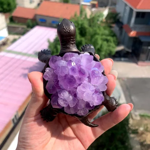 Vista 4 de Runyangshi Tortuga de amatista natural de 4.52 pulgadas, tortuga de cristal curativo de brotes de amatista, hecha a mano, decoración del hogar