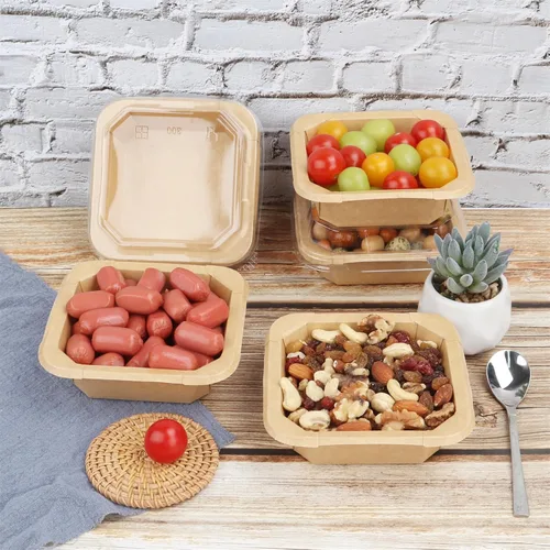 Vista 2 de Tazones de papel kraft desechables de 10 onzas con tapas, contenedor de alimentos, paquete de 50