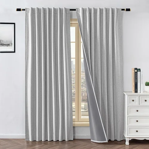 Vista 24 de Cortinas 100% opacas para sala de estar, juego de 2 paneles de 96 pulgadas, bloqueo de luz, pestaña trasera y bolsillo para barra, cortinas