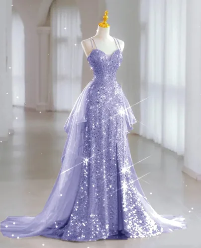 Vista 4 de Vestidos de fiesta de sirena con lentejuelas para mujer, 2 piezas, tirantes delgados, vestidos de tul brillante, vestidos de novia con abertura