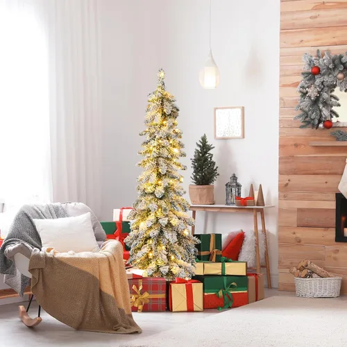 Vista 2 de GOFLAME Árbol de Navidad artificial preiluminado de 4 pies, árbol de Navidad delgado con nieve en forma de lápiz con luces LED multicolor y blanco