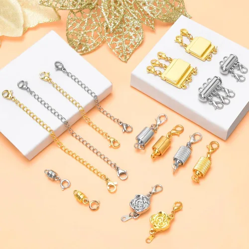 Vista 2 de 16 cierres magnéticos de joyería y collar con cierre de capas, extensores de collar de oro y plata, múltiples tamaños y estilos, extensores