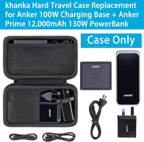 Vista 2 de Khanka - Funda rígida de viaje para base de carga Anker de 100 W + Anker Prime 12, color negro EVA Hard Shell, Mesh Pocket Accessory Storage