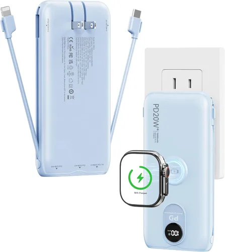 Vista 16 de Portable Charger 10000mAh 20W, Wall Plug, 2 Cables, iWatch Charging Digital Display, Compact Lightweight, USB C Fast Charge, USB-A 18W, Multi