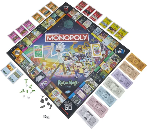 Vista 2 de Hasbro Gaming Monopoly: Rick and Morty Edition Juego de mesa, juego de red de dibujos animados para familias y adolescentes mayores de 17 años