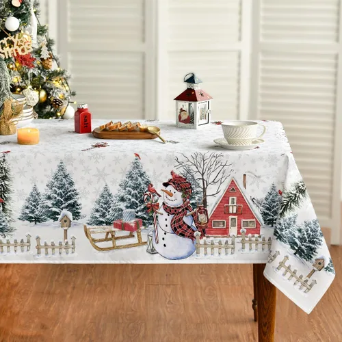 Vista 8 de Horaldaily Mantel de Navidad rectangular de 52 x 70 pulgadas, casa de muñeco de nieve de invierno, árboles de Navidad, color negro, lavable