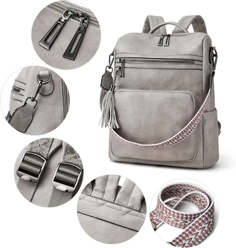 Vista 10 de OPAGE - Mochila de cuero para mujer, con borla de moda, bolso de hombro, mochila grande, bolsa de viaje, gris, L