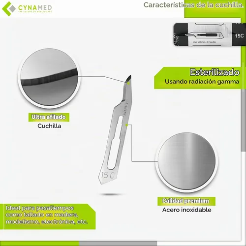 Vista 2 de Cynamed Caja de 100 cuchillas estériles de bisturí de acero al carbono envueltas individualmente en papel de aluminio