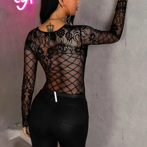 Vista 5 de Enterizo de malla transparente para mujer, de manga larga, con cuello en V, sexy, malla delgada, retazos